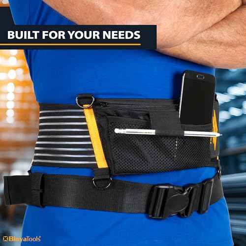 BINYATOOLS Tool Belt with Lumbar Back Support for Tradesman Pro Construction Electrician 2" Tool Belt for Men Orthopedic Lower Back Brace for Heavy Lifting Lightweight with D Rings and Pockets- L