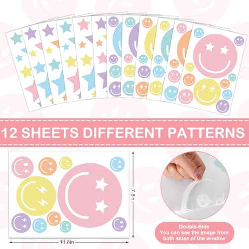 Whaline 12 Sheets Preppy Wall Stickers Pastel Smile Face Star Wall Decals Aesthetic Room Mural Stickers for Party Home Nursery, 7.9 x 11.8 Inch
