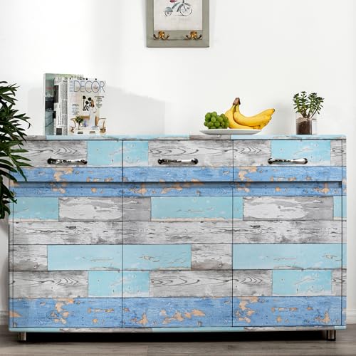 Caltero Wood Plank Wallpaper 17.7" ¡¿ 118" Blue Distressed Wood Wallpaper Peel and Stick Wood Grain Contact Paper Vintage for Furniture Bedroom Countertop Cabinet