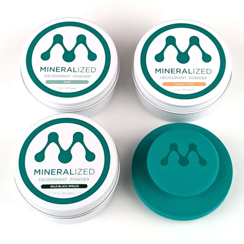 Mineralized Magnesium Deodorant Powder | Non Toxic Deodorant - Aluminum Free, Baking Soda Free | Whole Body Deodorant Women & Men, Body Powder, Mineral Deodorant. 3-Samples, Sandalwood, Sage, Spruce