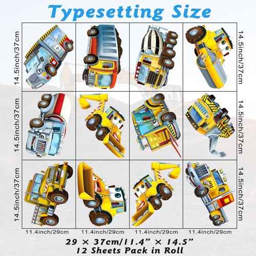 Large Construction Cars Wall Stickers 12 PCS Truck Wall Decals for Kids Room, Cartoon Excavators & Rollers Wall Decor Posters Lovely Vehicles Art Murals Decorations for Nursery Playroom
