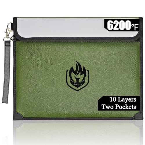 2 Pockets Fireproof Document Bag 6200¡ÆF, 10 Layers Waterproof Fireproof Money Bag for Cash with Reflective Strip, Heat Insulated Waterproof Document Holder Pouch, Fire Safe Storage (Green)