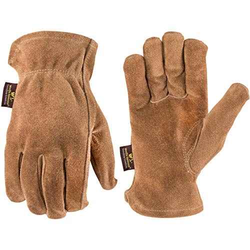 Wells Lamont Leather Work Gloves for Men, Durable Suede Split Cowhide with Angled Thumb and Elastic Wrist, Heavy-Duty Protection for Construction and Farming