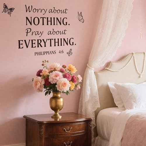 Philippians 4:6 Christian Scripture Quotes Wall Decal, Worry About Nothing Pray About Everything Butterflies Flying Bible Verse Religious Prayer Vinyl Removable Wall Sticker for Home Family