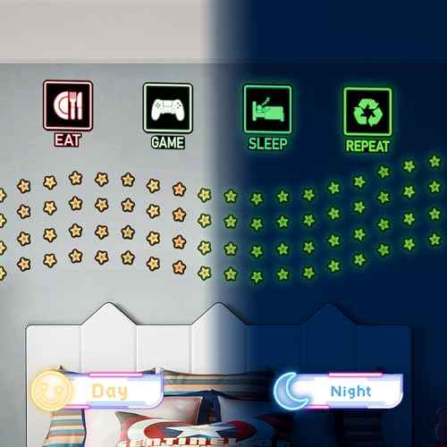 Glow in The Dark Neon Game Wall Stickers, EAT Sleep Game Repeat Wall Decals, Luminous Stars Gaming Boy Room Decor, Kids Bedroom Playroom Nursery Party Decorations