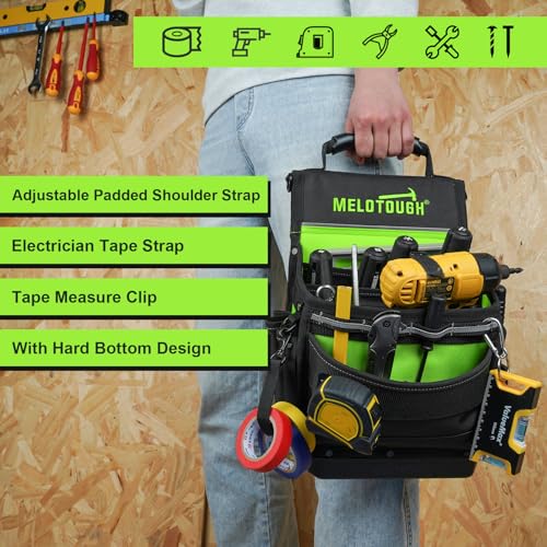 MELOTOUGH Electrician Tool Pouch Bag with Padded Shoulder Strap Constructed Professional 27 Pockets Pouch with Belt Clip Easy Access Tool Belt Pouch with Hard Bottom for Carpenter/Technican
