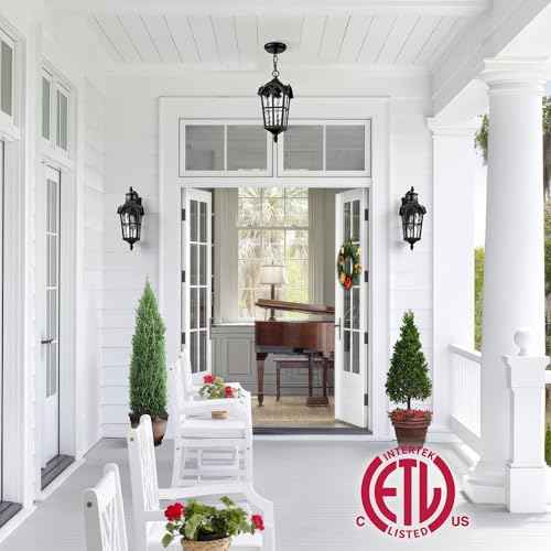 VIANIS Black Outdoor Pendant Light Lantern with Gold Trim, Outdoor Hanging Lights with Ripple Glass, Aluminum Outside Chandelier for Porch Waterproof and Anti-rust, Ceiling Fixtures for House Entryway