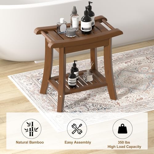 Bamboo Shower Bench Stool with Storage Shelf Small Shower Chair Seat for Inside Shower 19 x 10 x 18 Inches Chestnut Brown