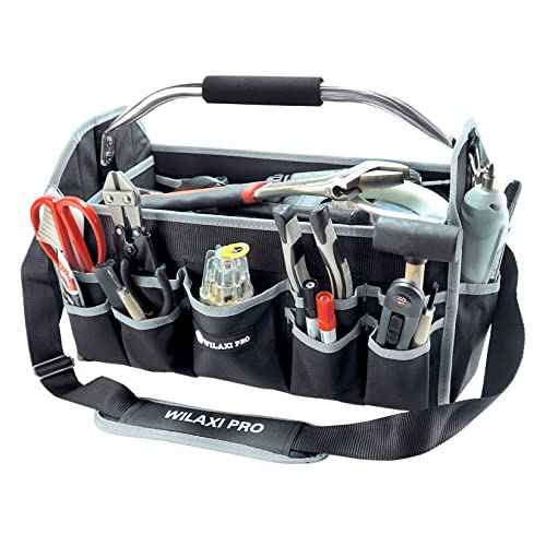 16in Tool Bags For Men Heavy Duty, Tool Bag Organizer Foldable Open Top Tool Bags, Tool Tote Bag With Handle, Wide Mouth Electrician Tool Tote, 22 PCS Pockets Tool Carrier, Grey