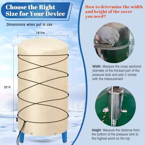 Insulated Well Pressure Tank Cover Aluminum Foil (5¢µ) - 16"D x 32"H Industrial 600D Outdoor Well Water Tank Insulation Blanket, Anti-UV Winter-Freeze Water Well Pump Cover, Beige