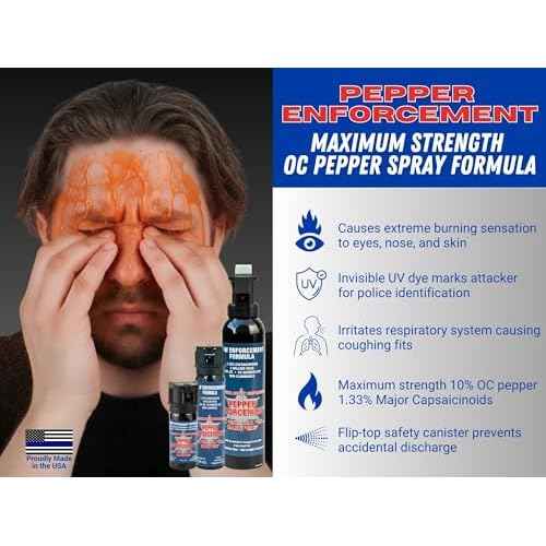 4 oz. Splatter Stream Pepper Spray for Self Defense - Maximum Police Strength 10% OC Formula, Emergency Personal Protection, Flip Top Safety for Quick and Accurate Aim