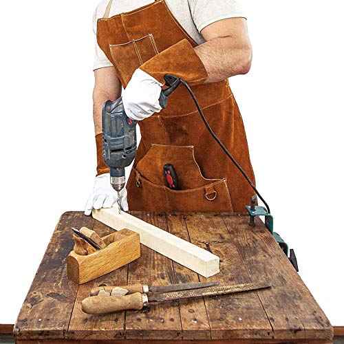 Pocket Welding Apron, Cowhide Leather with Quick Release Buckle Adjustable Length for Men and Women - 90x60cm (Dark-Brown)