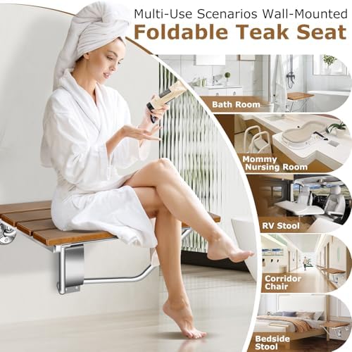 Folding Shower Seat Wall Mounted 20" with Stainless Steel Bracket, Structural Stability, 500 lb Capacity, Space-Saving, Teak Shower Bench for The Elderly, Disabled, Pregnant Individuals, Children