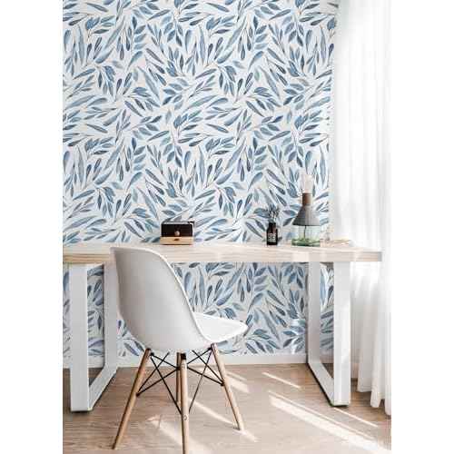 HAOKHOME Blue Wallpaper Peel and Stick Boho Leaves Removable Vinyl Self Adhesive Contact Paper17.7in x 9.8ft