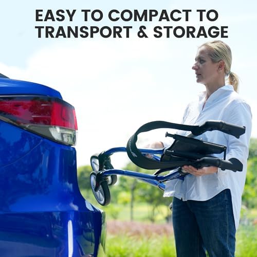 Super Lightweight Rollator Walker for Seniors, Foldable Rolling Walker with Seat and 8" Rubber Wheels for All Terrain, Upgraded Height Adjustment Button with Cup Holder, Blue