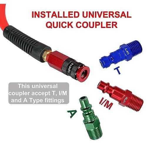 Hybrid Air Hose 1/4 In. x 50 ft, Lightweight, Flexible, Durable Air Compressor Hose with Aluminum Universal Quick Coupler and Industrial Plug, Red