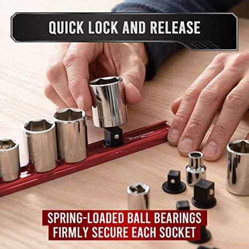 Precision Defined Aluminum Tool Socket Holder 3-Piece Set | Red, 1/4-Inch x 16 Clips, 3/8-Inch x 16 Clips, 1/2-Inch x 14 Clips | 360 Rotation - Heavy Duty Socket Rails Organizer, Socket Storage
