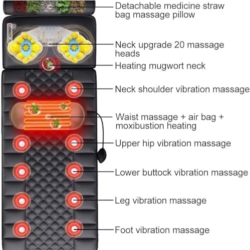Massage Mattress Pad with 20 Neck Shiatsu Kneading Massage Heads,9 Modes 9 Levels,Full Body Heated Massage Mat for Neck and Back,Lumbar Calf Foot Massage Relaxation Heating Pad