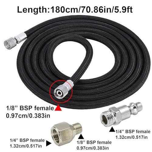 6-Ft Braided Airbrush Air Hose Standard 1/8" Ends and 1/4" Bsp Hose Adaptor with Univesal US Quick Connect Plug