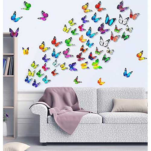 90 PCS Butterfly Wall Decor, Plastic Butterflies Sticker Waterproof Removable Reusable Mural Wall Decals for Home Room Bedroom Nursery Party Decorations
