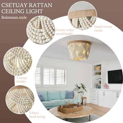 White Boho Mini Chandelier£¬ 2-Tier Wood Beaded Flush Mount Ceiling Light for Bedroom Hallway Entryway Closet Laundry Room Nursery Room 4-Lights