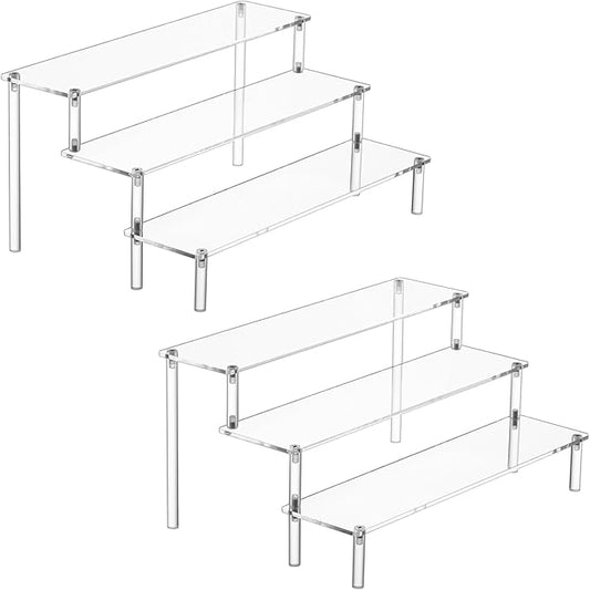 HENABLE 2PCS Large Acrylic Display Risers, Perfume Stand Organizer, Clear Acrylic Shelf Risers for Display Stands for Food, Tabletop Use, Amiibo Funko POP Figure, 3 Tier Clear Cupcake Stand Risers