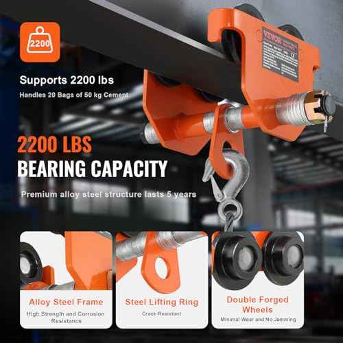VEVOR Manual Trolley, 2200 lbs/1 Ton Load Capacity, Push Beam Trolley with Dual Wheels, Adjustable for I-Beam Flange Width 2.5" to 8", Heavy Duty Alloy Steel Garage Hoist for Straight Curved I Beam