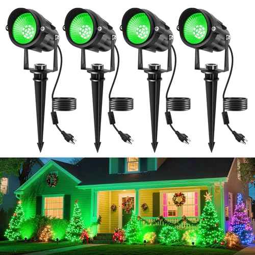 Christmas Green Landscape Lights Outdoor, 14 LED Landscape Lighting with US Plug, IP65 Waterproof Spotlights for Tree Yard Garden Pathway St. Patrick's Day Halloween Decor 4 Pack