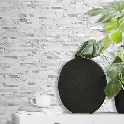 DICOFUN Peel and Stick Backsplash Tile, PVC Mixed Metal Stick on Backsplash Tiles for Kitchen and Bathroom (1, White Marble & Grey Texture)