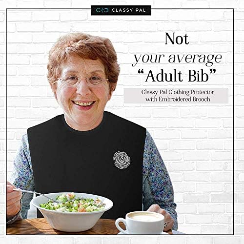 Adult Bibs for Women, Dress ‘n Dine™ Clothing Protectors for Eating, Senior Adult Bib Terry Cloth Crumb Catcher, Embroidered Design, Waterproof, Reusable, Washable (Silver Brooch)