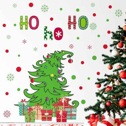 3 Sheets Christmas Wall Decals Red Green Christmas Sticker Xmas Tree Sign Decor Holiday Red Green Polka Dots Decals Gift Removable Wall Stickers for Xmas Holiday Home Decoration