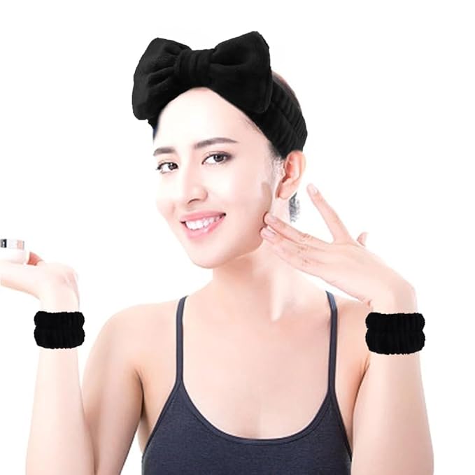 AOPRIE SPA Headbands for Washing Face Makeup Headbands with Bow Hair Band Women Facial Head Band Laurel Wrist Towel Wraps For Shower Face Mask Black, 12 Pack