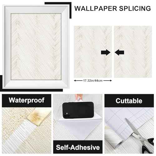 Modern Peel and Stick Wallpaper A Set of 17.3"x120" Beige Herringbone Striped Wallpaper Self-Adhesive Removable Contact Paper for Cabinets Bathroom Bedroom Wall Decor
