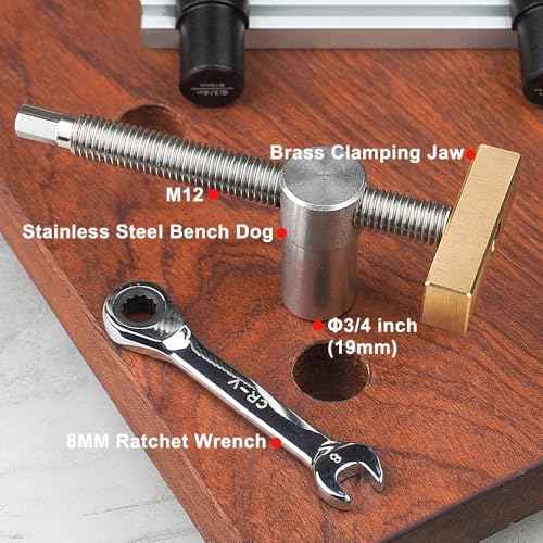 TOOLCOOL Bench Dog Clamp 3/4 Inch Dog Hole Clamp with Stainless Steel Bench Dogs for Woodworking MFT Table Workbench (2 Pack)
