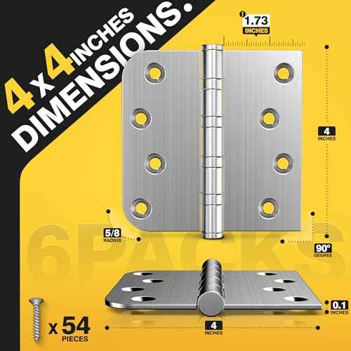 KOLET Ball Bearing Door Hinges, 4 x 4 Inches Door Hinges, Heavy Duty Stainless Steel Hinges, Square and 5/8'' Radius Corner, Smooth and Quiet, Non Removable Pin, Brushed Nickel, 6 Pack