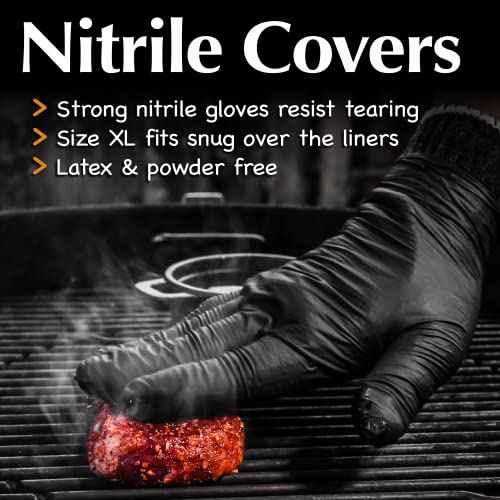 Grilling Glove Kit ? 2 Heat Resistant Liners ? 30 Black Nitrile Gloves ? Disposable BBQ Gloves with Washable Heat-Resistant Liners ? Replaceable Cover Oven Mitt for Barbecue and Smoking Meat
