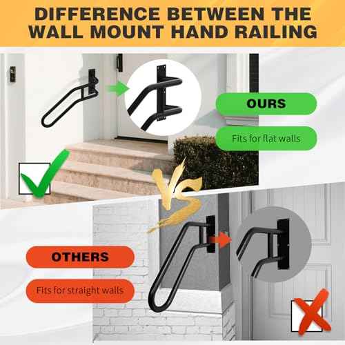 Right Side Wall Mounted handrail, Garge Door Stair Railing for 1-3 Steps(Polished Black, Right Side, 230LBs Loading)