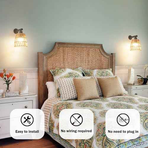 Boho Battery Operated Wall Sconces, Rattan Wall Sconce Set of 2 with Remote, RGB 15 Colors Dimmable Rechargeable Wall Light, Black Indoor Wireless Wall Lamp, Farmhouse Rattan Wall Lighting for Bedroom