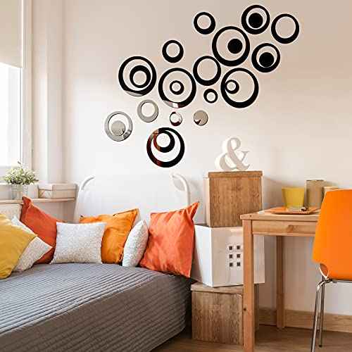 Outus 72 Pieces Acrylic Circle Mirror Wall Sticker Round Wall Decor Decals Removable DIY Adhesive for Living Room Bedroom Home Decoration(Black,Sliver,Gold)