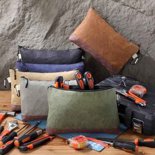 Eccliy 6 Pack Waxed Canvas Pouch 13 x 7.5 Inch Heavy Duty Tool Bags Small Canvas Storage Pouch with Zipper Carabiner Water Resistant Multipurpose Organizer for Men Tools Gadgets Organizers