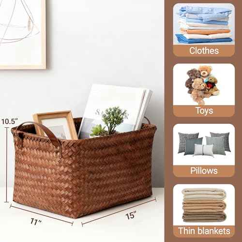 15L Laundry Baskets Waterproof Storage Baskets For Shelves Large Laundry Hamper With Leather Handle -set of 4 Cube Organizers Woven Bins for Bathroom,Bedroom,Pantry,Clothes,Car & Towels-Brown
