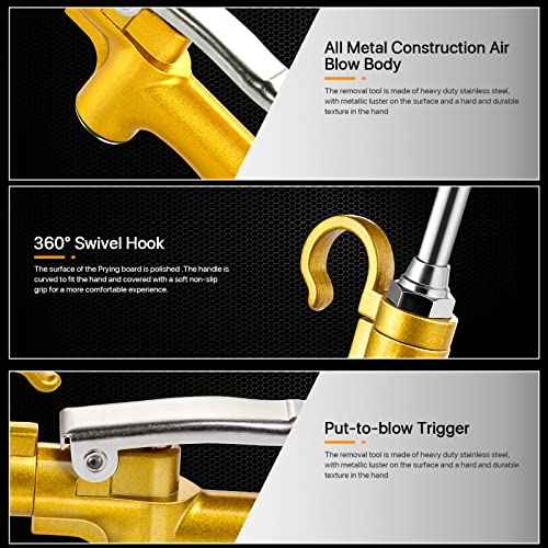High Volume Industrial Air Blow Gun with Rubber Guard Air Flow Nozzle, Professional Gold Paint Metal Air Blower Gun, Pneumatic Dust Cleaning Tool for Air Compressor Accessories