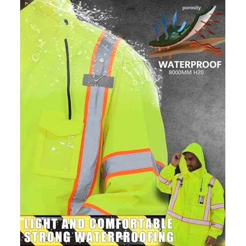 Men's Hi Vis Rain Jacket & Safety Rain Coat Waterproof Lightweight with Hood, Class 3 Reflective Adult Yellow Work Rain Jacket (L/XL)