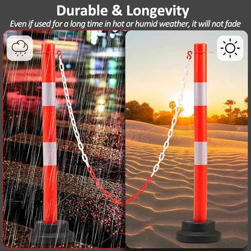 2 Pack 34 Inches Traffic Delineator Post Cones, Portable Orange Safety Driveway Barrier with Weighted Rubber Base, Reflective Collars, 5 FT Plastic Chain for Road Safety,Parking Lot