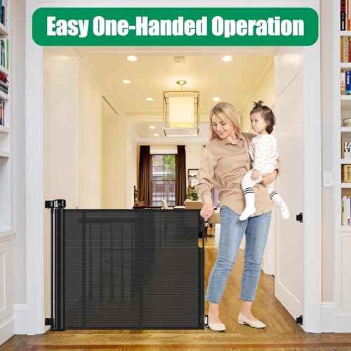 Reinforced 50" Wide Retractable Baby Gate Retractable Dog Gate with Support Rods - Anti-Bottom Crawl, Mesh Gate Retractable Gate Outdoor Retractable Pet Gate Indoor Doorway/Hallway/Stair Gate, Black