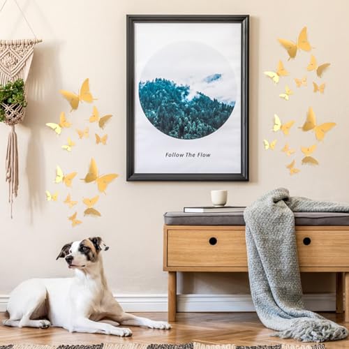 24PCS Metal Gold Butterfly Wall Decor with Hot Melt, 5.9" 3.94" 2.36" 3D Gold Butterfly Wall Decor Adhesive Flying Butterflies for Bedroom Ceiling Living Room Fences Patio Wedding Birthday Party