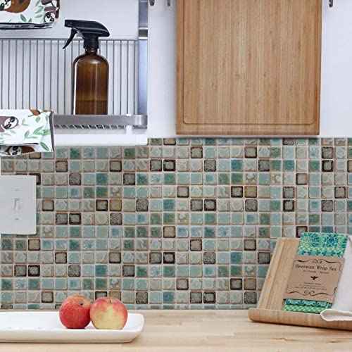 Abyssaly Mosaic Adhesive Thick Self-Adhesive Removable Peel and Stick Teal Green Countertop Wallpaper Mosaic Paper 15.7" x 78.7