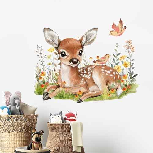 Yovkky Baby Deer Wall Decals Stickers, Woodland Animals Birds Wildflower Neutral Toddlers Nursery Decor, Cute Home Decorations Kids Bedroom Playroom Classroom Art