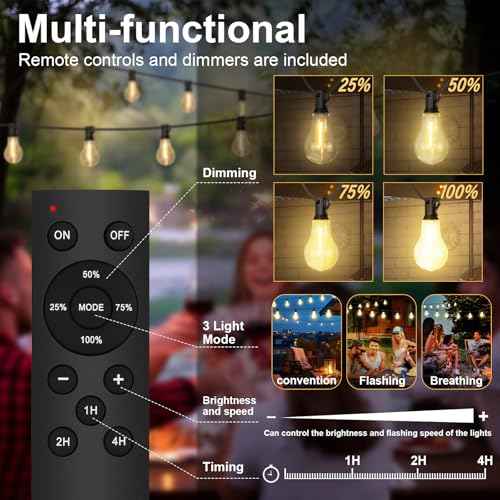 75FT Outdoor String Lights Waterproof with 50+4 Bulbs (1.5FT Bulbs Spacing), Remote & Dimmer, Commercial Patio String Lights with 3 Mode Light & Timing, 100PC Mounting Ties for Outside