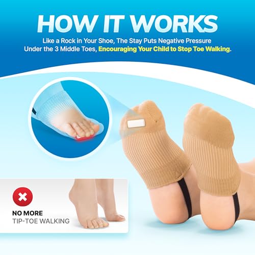 BraceAbility Toe Walking Socks (Pair) - Pediatric Kids Foot Brace for Comfortable Tip Toe Walking Prevention and Correction for Children and Toddlers, Cerebral Palsy Equipment, ADHD Support (S - Beige)